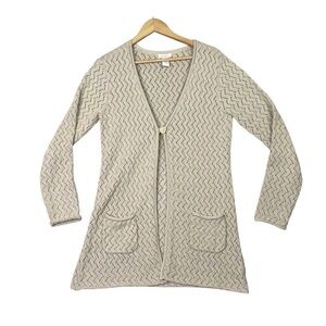 Sundance Knit Sweater Cardigan Open Front Women Size Large Metallic Beige Pocket